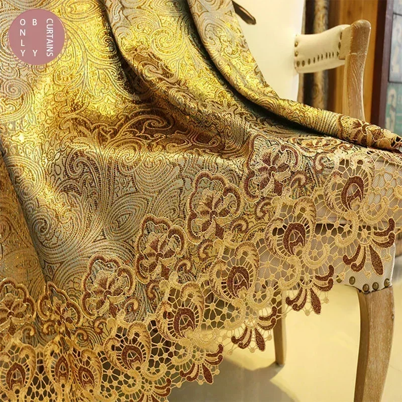 Embroidered Curtains Gold Gilded Embroidered Hollowed Out Velvet Curtains for Living Room Bedroom Partition Curtains Customized Villa Valance Tube