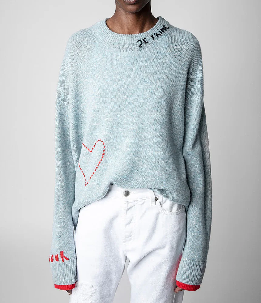 

Luxury Cashmere Knit Sweater For Women Round Neck Long Sleeve Contrast Color Cuffs Letter Love Embroidery Loose Pullover Sweater