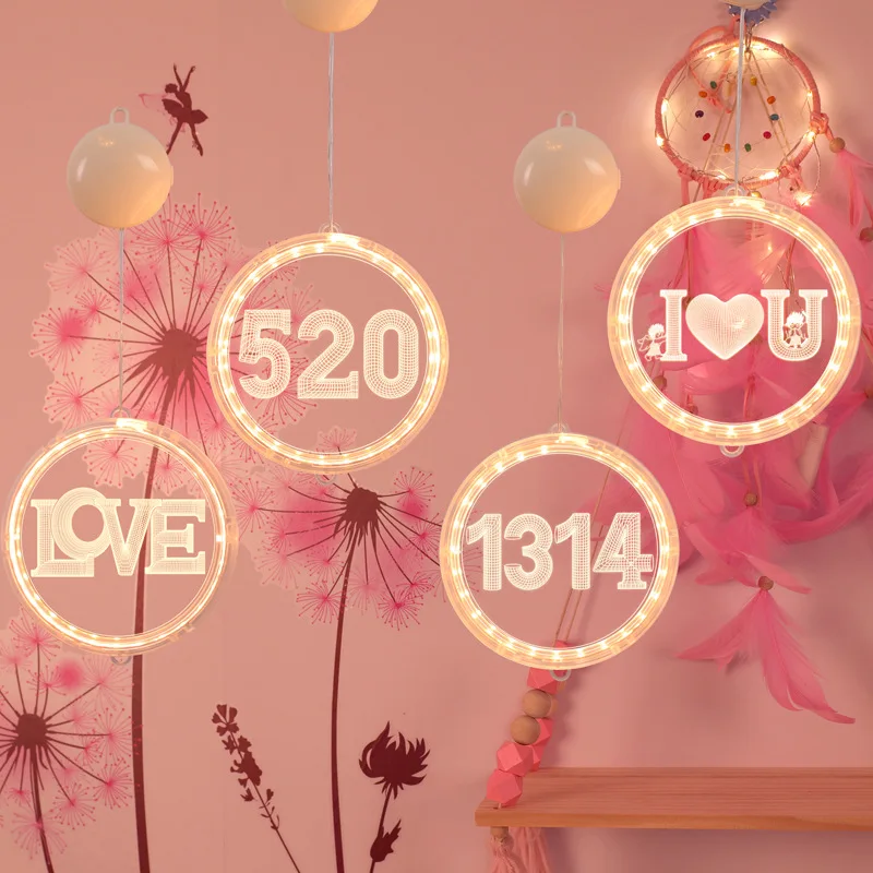 

Valentine'S Day Love Birthday Decoration 3D Round Hanging Lamp Heart 520 Proposal Room Light String