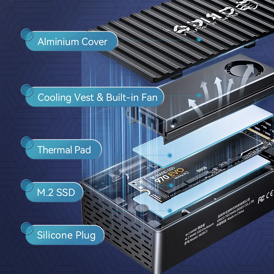 ORICO 고속 M2 NVMe SSD 인클로저, USB 3.2 GEN2 PCIe HD 외장 케이스, PC 노트북용 M.2 하드 드라이브 디스크 보관함, 20Gbps