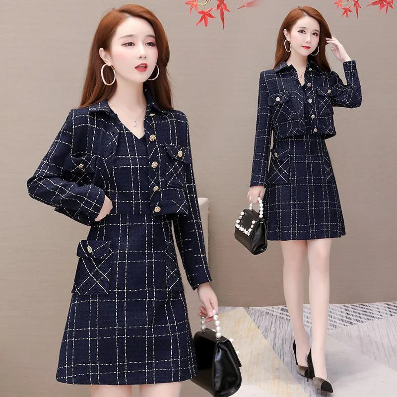 

2023 Spring Autumn New Set Jacket Small Wind Suit Skirt Two-Piece Women's Gold Tweed Short Coat Dress Female Outfit Top Trend