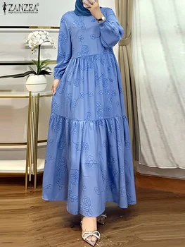 2025 ZANZEA Elegant Women Autumn Long Sleeve Muslim Dress Abaya Ramadan Hjab Sundress Robe Femme Printed Maxi Dresses Vestidos