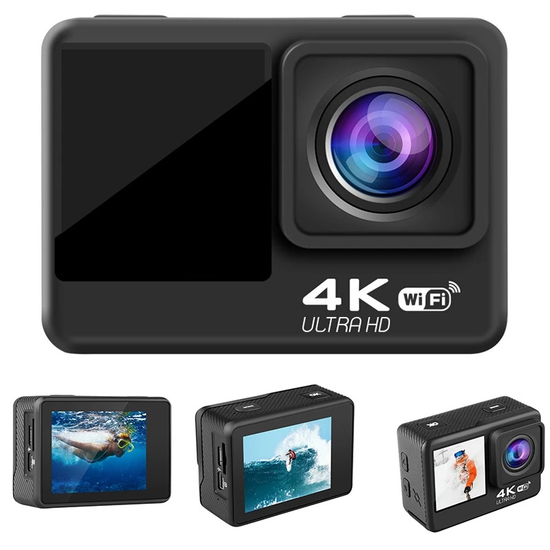 New 4K / 60Fps 2inch + 1.3inch Smart Dual Screen Action Camera 170° DV Underwater Helmet Go Sports Pro Vlog |