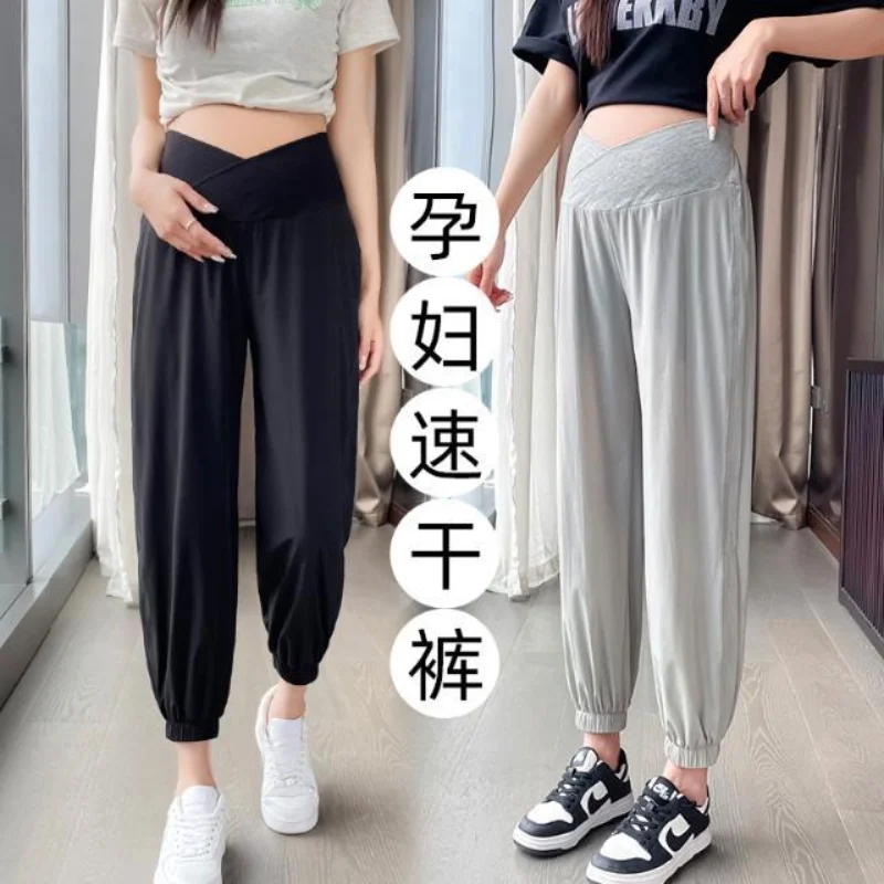 Pregnant Women's Pants New Pregnant Women's Summer Thin Loose Ice Silk Crop Pants Pregnant Women's Late Period Small Chiffon Str