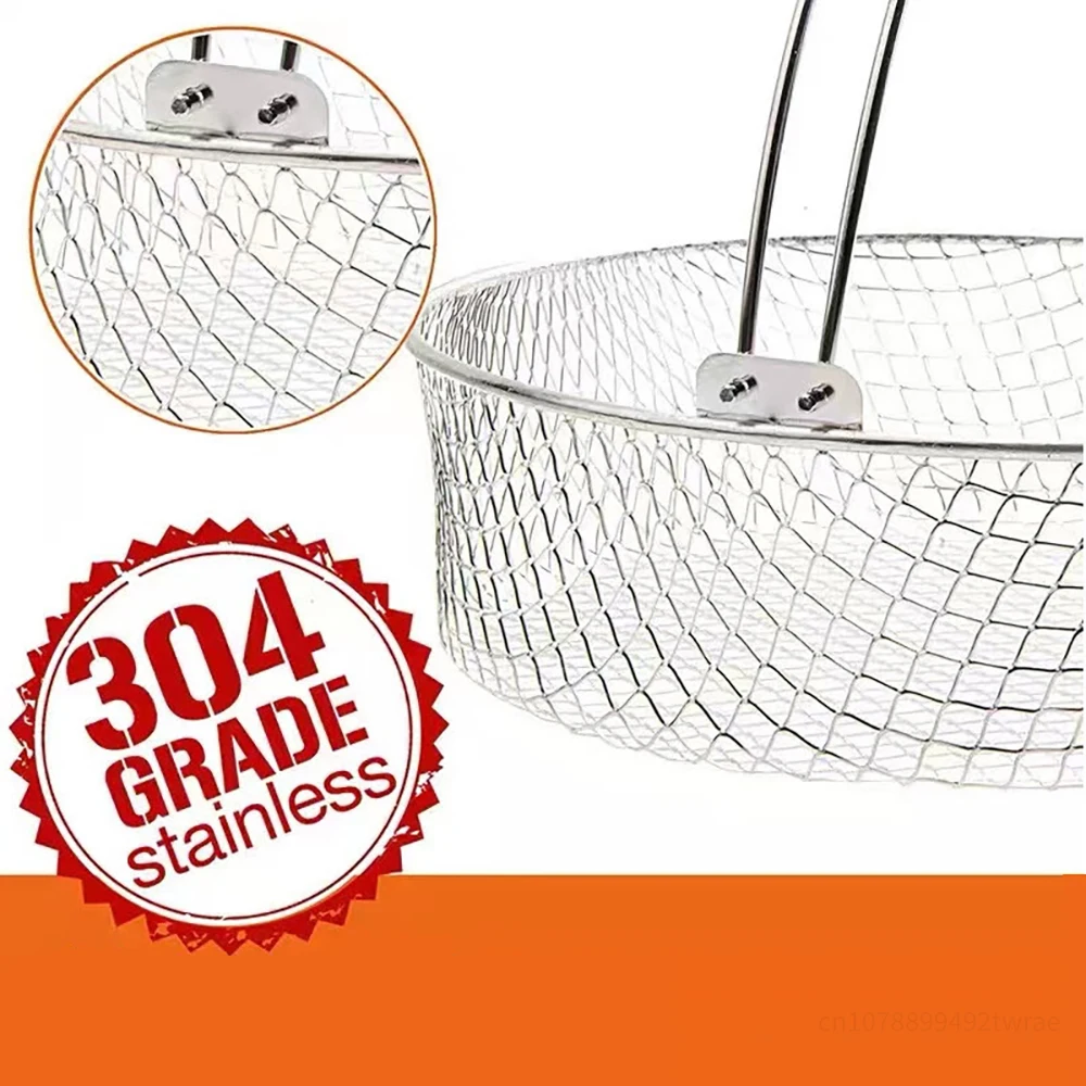 Grill Basket for Veggies 20cm Air Fryer Stainless Steel Square Round Mesh Basket Air Fryer Steamer Basket With Handle Metal Crisper