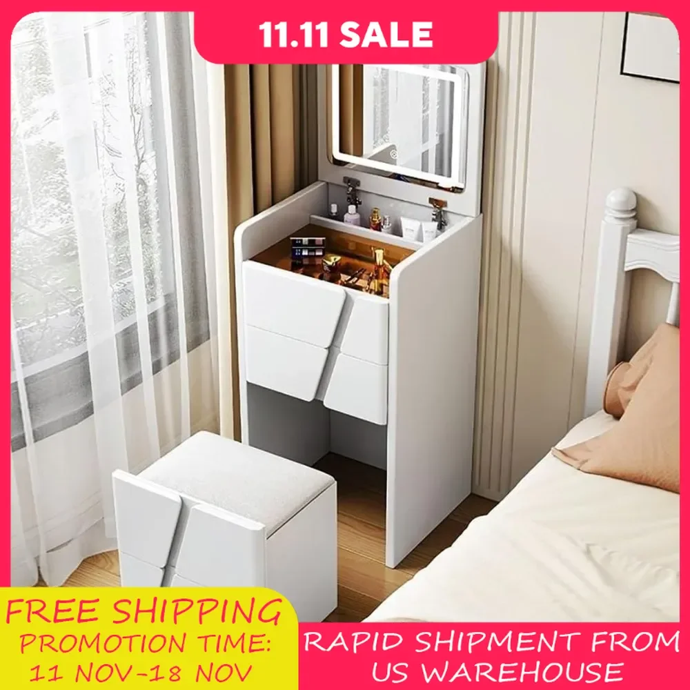 Vanity Desk with Lighted Mirror, Flip Top Vanity Makeup Table with 4 Drawers and Soft Cushioned Stool, Small Dressing Table