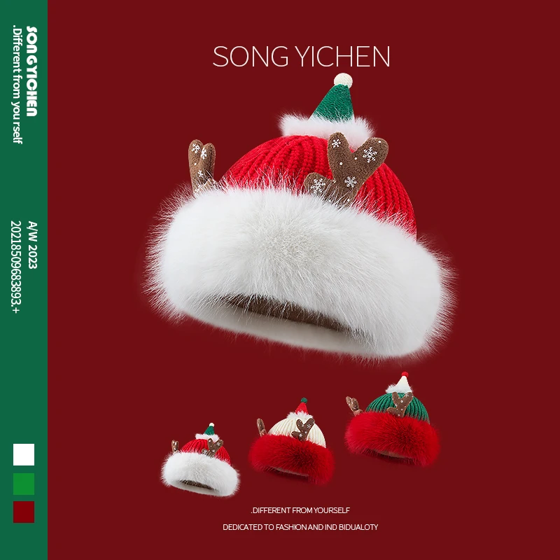 

Вязаные женские шапки на Рождество и новый год, модные теплые Красные шапки на осень и зиму в Корейском стиле, милая плюшевая Шапка-бини с рогом лося, шапки