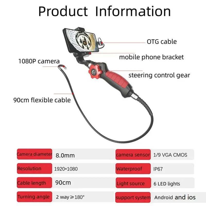 ABHX-2MP 1080P WIFI USB 2방향 조절 가능 180도 회전 스티어링 산업용 블랙 내시경 검사 현미경 카메라