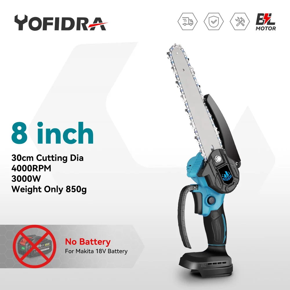 Yofidra 8 Inch Mini Cordless Brushless Chain Saw Handheld Pruning Saw Woodworking Cutting Tools For Makita 18V Battery