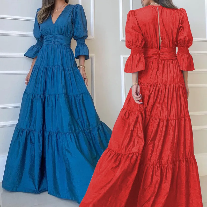 

SKMY Spring New Dresses For Women 2023 Fashion V-Neck Puff Sleeve Solid Color Slim Open Back Elegant Evening Party Long Dresses