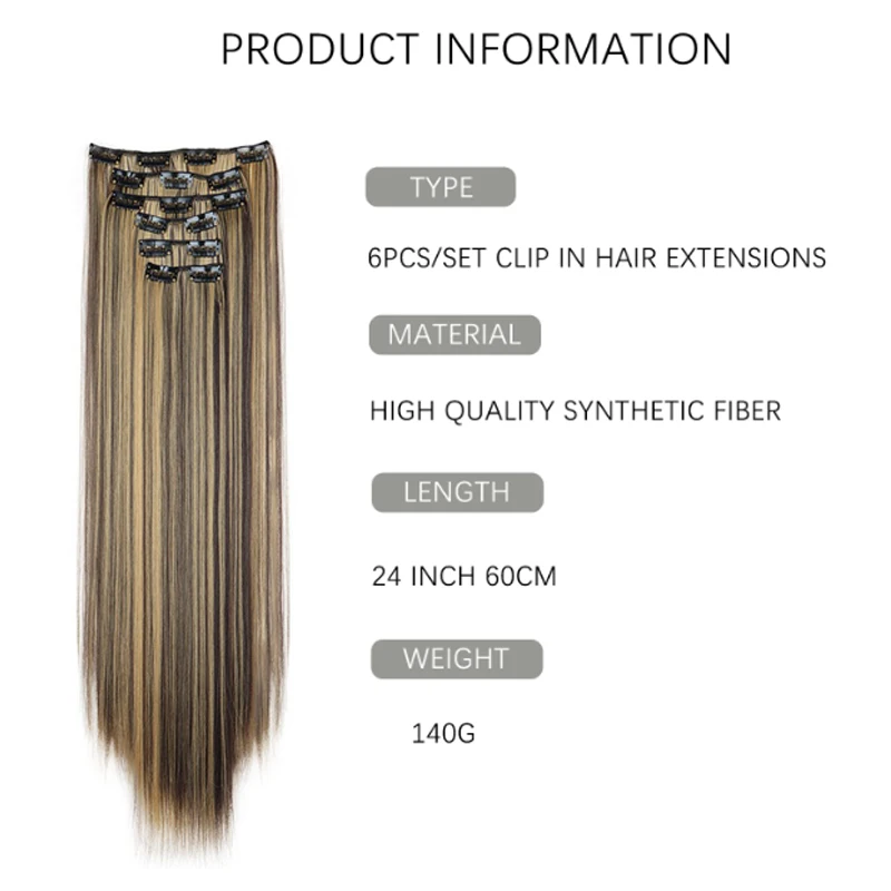 H&STRA Synthetic Wig 6Pcs 16 Clips 24 Inch Straight  Full Head Invisible Hair Extensions  For Women