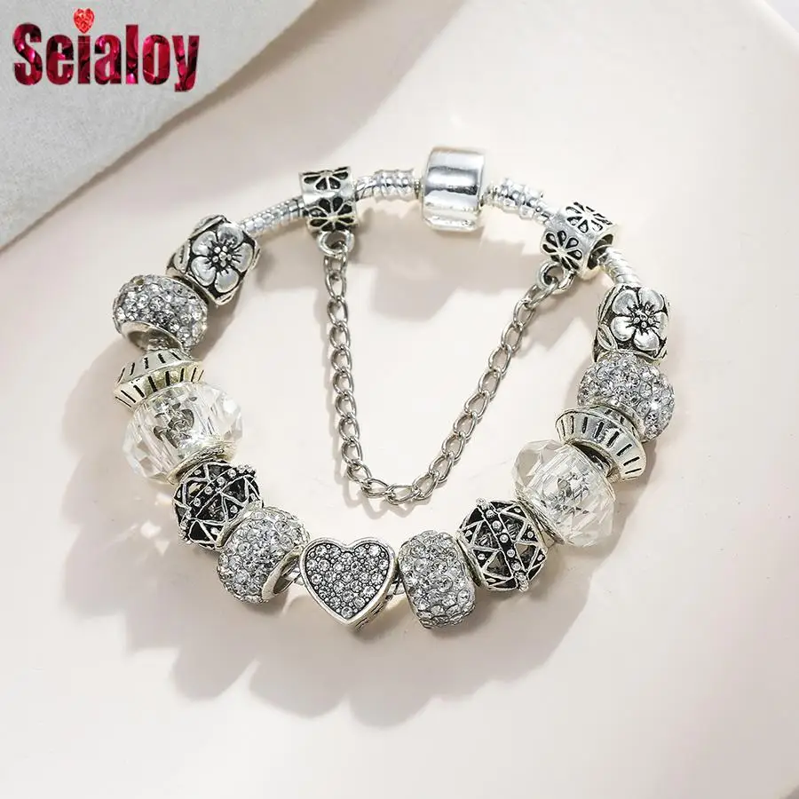 Seialoy Heart Charm Bracelets Women Men Original Streamer Crystal Beaded Women Bracelet Bangle Jewelry Gifts