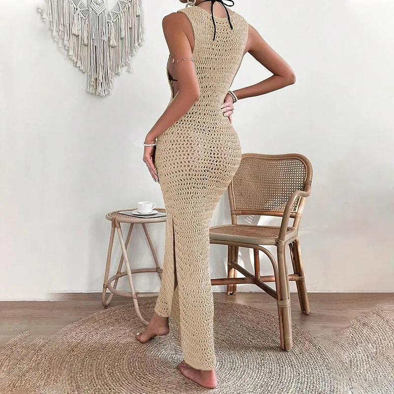 Handmade Slip Bottom Maxi O Neck Hollow Out Two Colors Sheer Beach Cover Up Knitted Crochet Beach Dress 100%