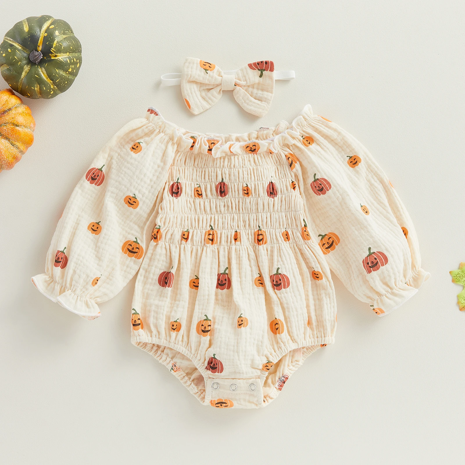 

BeQeuewll Infant Baby Girl Halloween Jumpsuit Cartoon Pumpkin Print Ruched Off Shoulder Long Sleeve Romper And Bow Headband