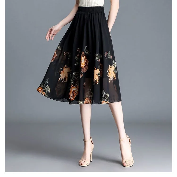 

Женская летняя шифоновая юбка средней длины, короткая трапециевидная юбка с принтом для танцев