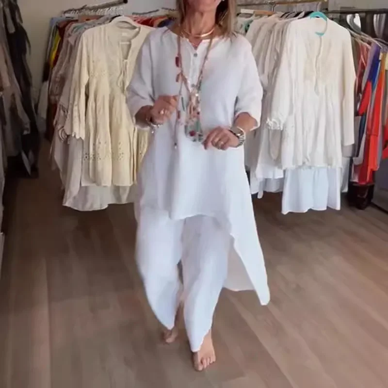

Женский повседневный комплект из двух предметов, длинная рубашка и однотонные брюки из хлопка и льна, комплект одежды для весны и лета 2024