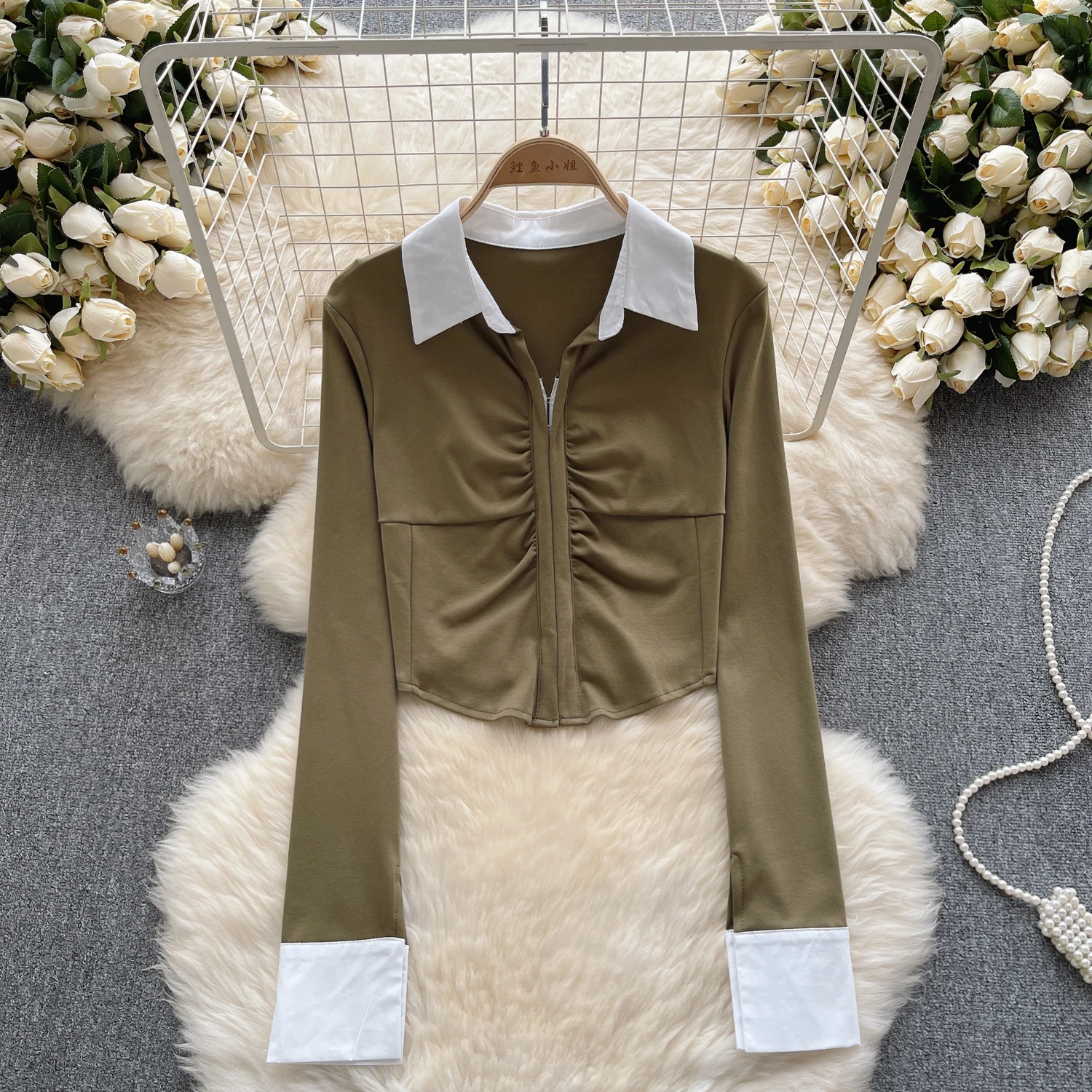 

Elegant Vintage Zipper Pleated Lapel Long Sleeve Blouse Chic Casual Fashion Top Women Korean Fashion Slim Autumn Shirts