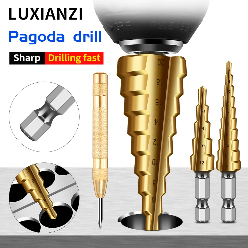 

LUXIANZI 4PCS Step Drill Bit Set Wood Metal Hole Cutter Core HSS Universal Hexagonal High Speed Steel Titanium Pagoda Drill Bits