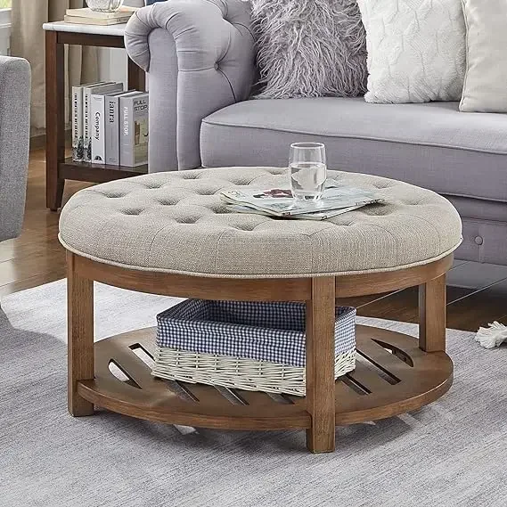 

Large Round Upholstered Tufted Linen Ottoman Coffee Table, Large Footrest Ottoman with Wood Shelf Storage-Iinen