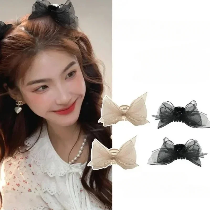 Morsetto per artigli per capelli con fiocco in rete di pizzo Donna Ragazza Dolce Bowknot Capelli afferra Morsetto Frangia coreana Forcine Accessori per copricapo Bianco Nero - immagine 2