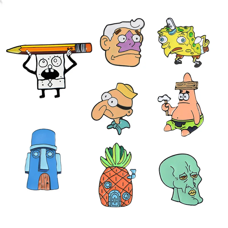 Broche de personaje de dibujos animados, lápiz Bob Esponja, casa de piña,  Calamardo, sirena, Barnacle, máscaras de casa, Patricio, Pin de inicio,  insignia| | - AliExpress