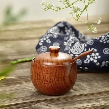 Wooden Seasoning Jar Salt Jar ​with Lid and Spoon Spice Pepper Seasoning Container Condiment Storage Bowl Household Kitchen Tool 1