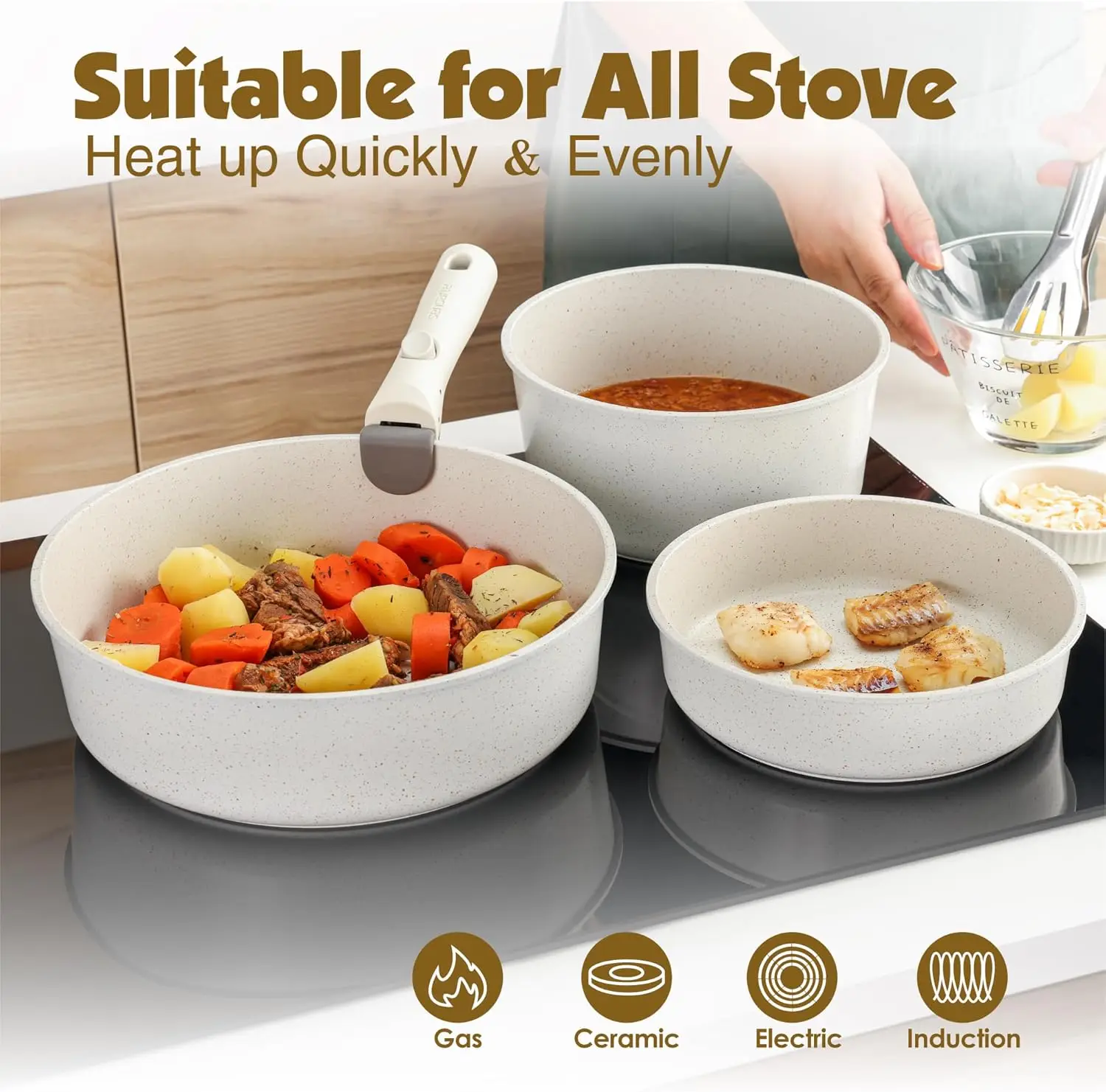 Piece Pots and Pans Set, Nonstick Detachable Handle Cookware, Induction Kitchen Cookware Set with Removable Handle, 6