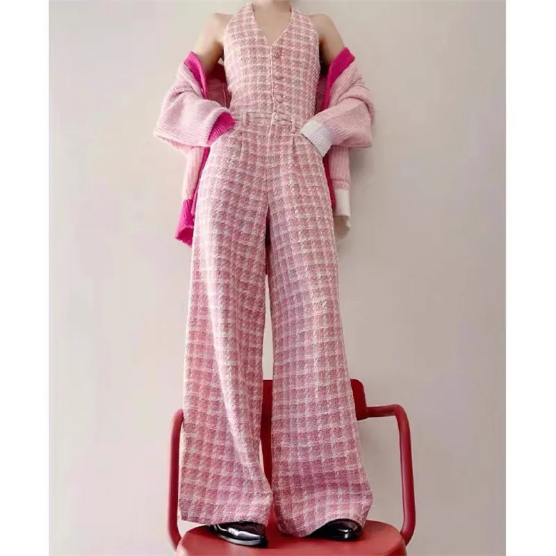 Fashion Sexy Pink Plaid Tweed Jumpsuit Women's Fall Winter V-Neck