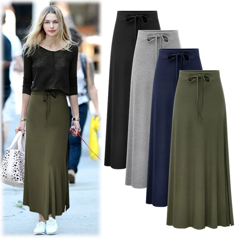 Women's Fashion Knit Long Skirts Spring Solid Color High Waist A-Line Midi Skirt Office Lady Elastic Loose Skirt 2