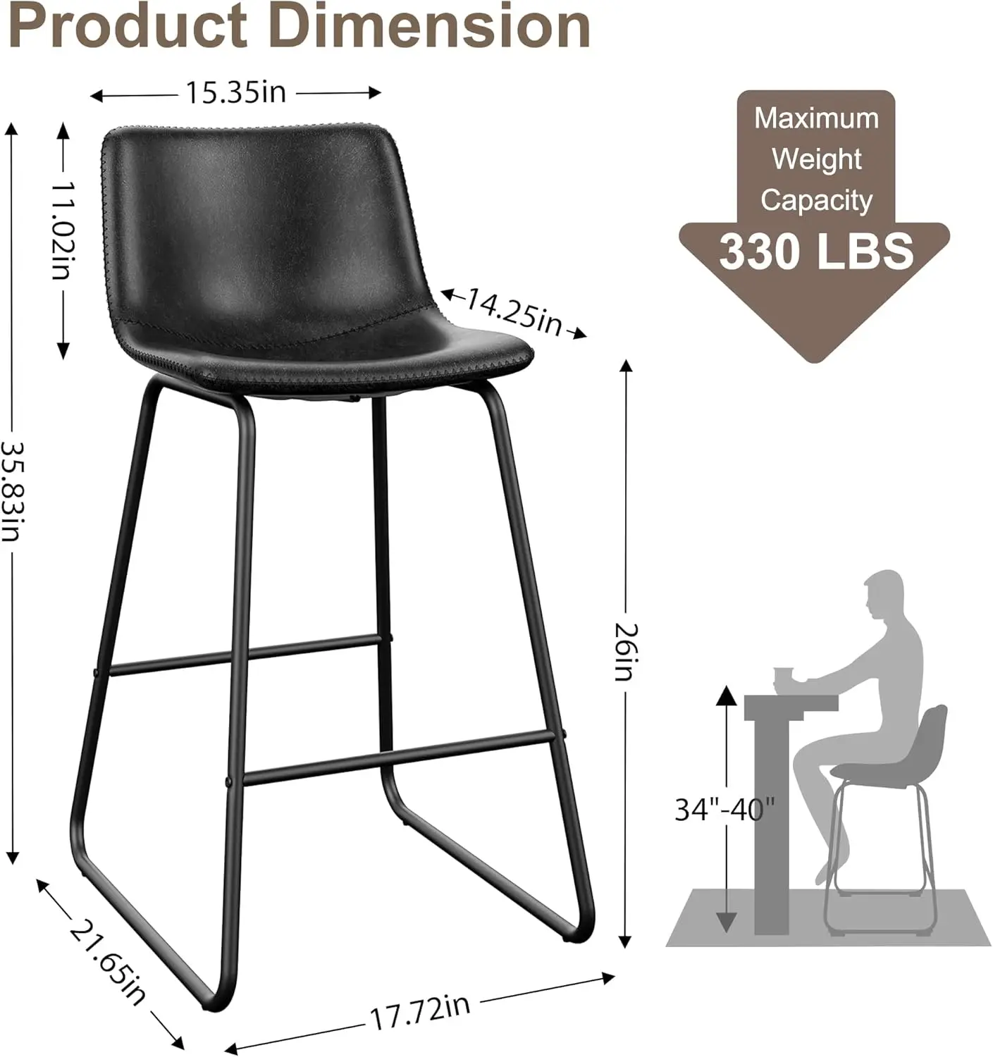 Bar Stools Set of 3, Faux Leather Counter Height Stools,26" Modern Barstools with Metal Legs and Footrest, Urban Armless Counter