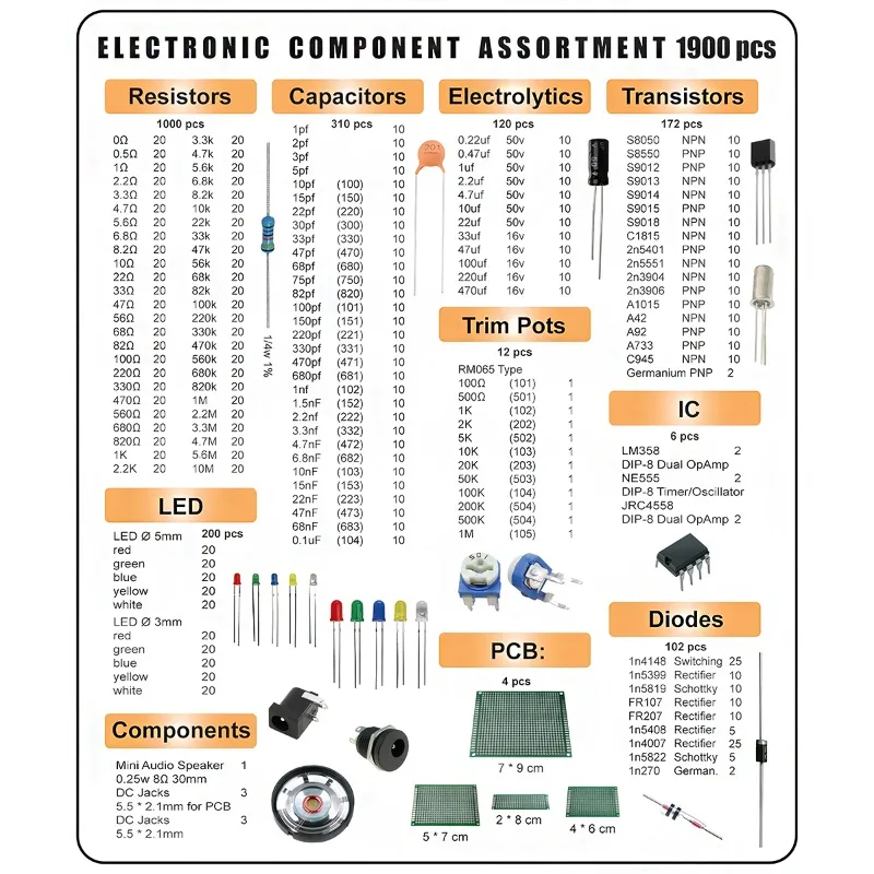 Kit assortimento di 1900 componenti elettronici, condensatori, resistori, diodi, LED, transistor, connettore di alimentazione DC, scheda PCB - immagine 2