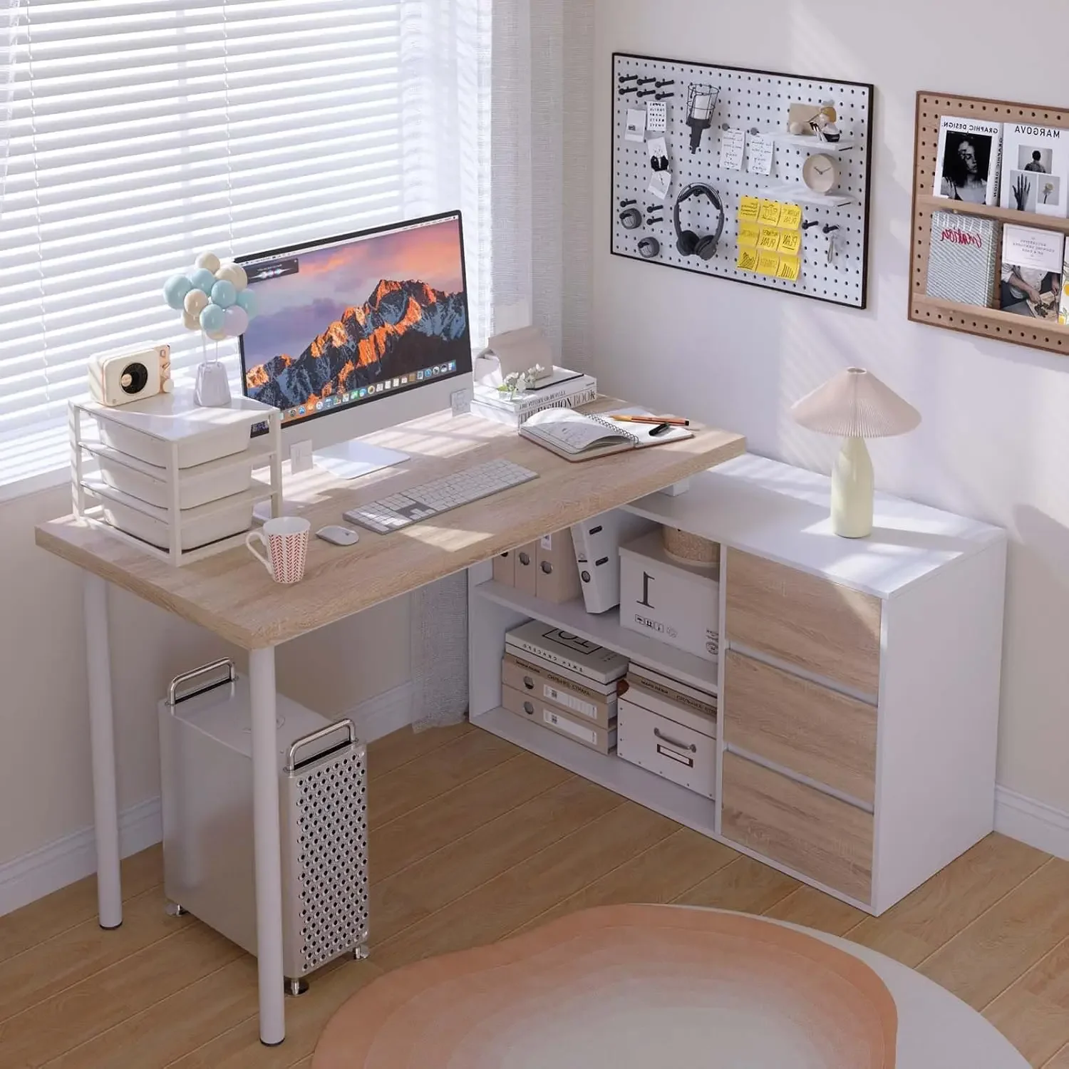 Home Office Computer Desk Corner Desk with 3 Drawers and 2 Shelves, 55-inch L-Shaped Study Writing Desk 3