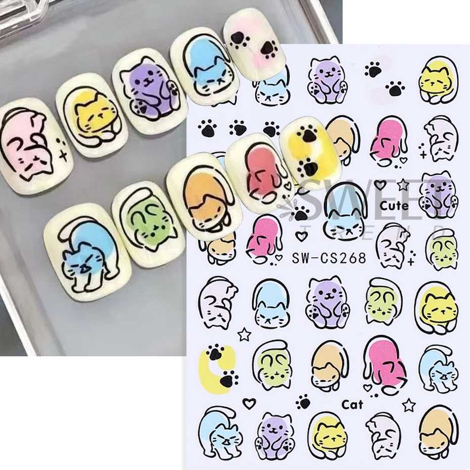 2pcs Cartoon Black Cat Nail Stickers 3D Graffiti Cute Cat Stars Musical Notes Design Nail Decals Sliders Y2K Manicure Decoration