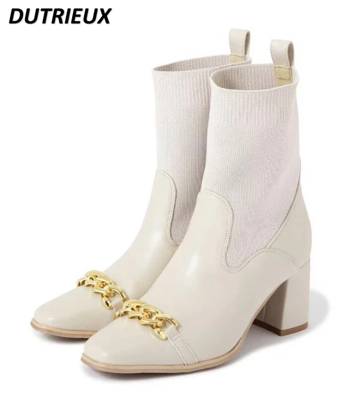 

Women Shoes Autumn and Winter New Women's Ankle Boots Japanese Style Sweet Chain Knitted Stitching Elegant Boots for Ladies