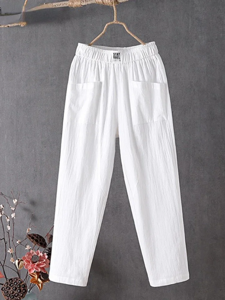 

Ankle-Length Cotton Linen Harem Pants Summer Baggy Elastic High Waist Straight Pantalons Casual Loose Womens Trousers New N266