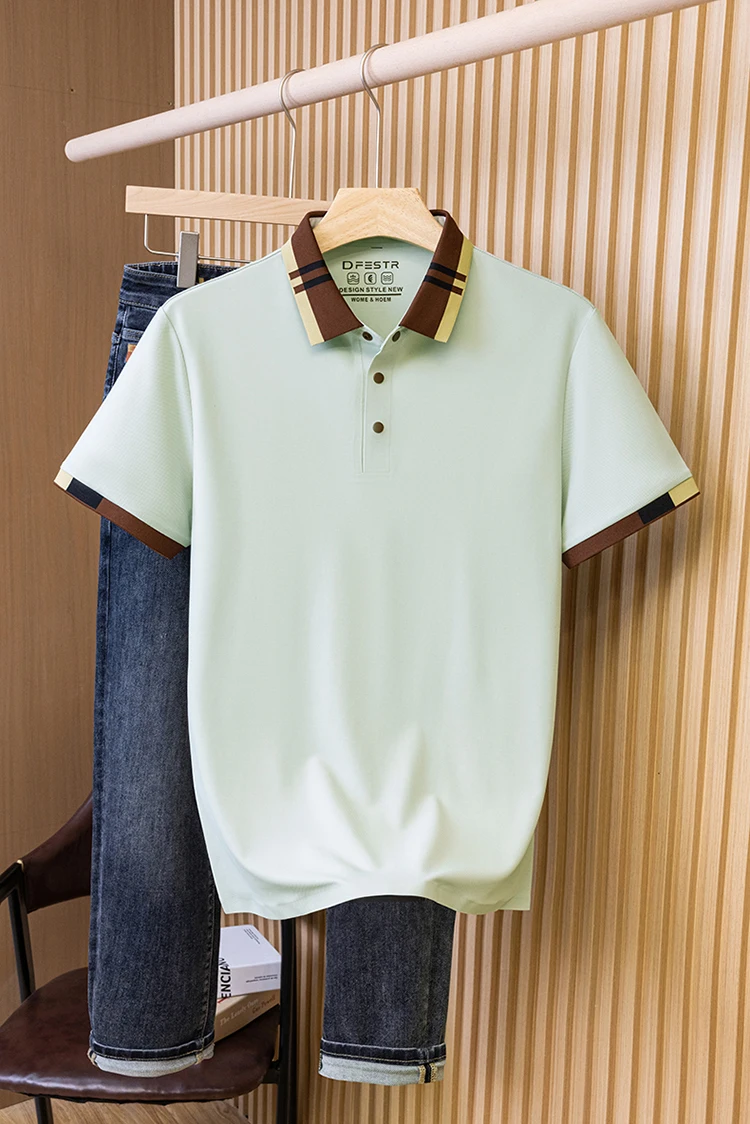 Hochwertiges Herren-Poloshirt mit kurzen Ärmeln, Sommer, luxuriös, Business-Casual, modisch, atmungsaktiv, farblich abgesetzt, mit Reverskragen. – Detail 13
