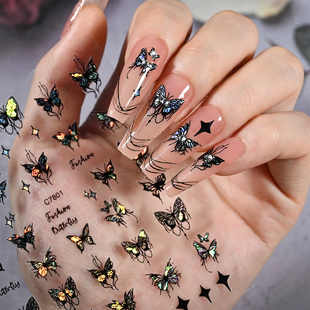 1Pcs Nail Stickers Metallic Black/White Butterfly 3D Nails Stickers Lase Butterflies Self-Adhesive Slider Sparkly Catcher/Star Manicure Decals