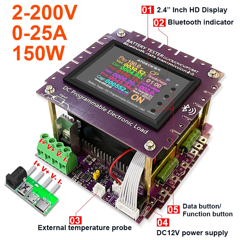 150W Alle-In-een Bluetooth Dc Power Usb Tester Elektronische Belasting Lithium 18650 25A Batterij Capaciteit Monitor ontlading Meter