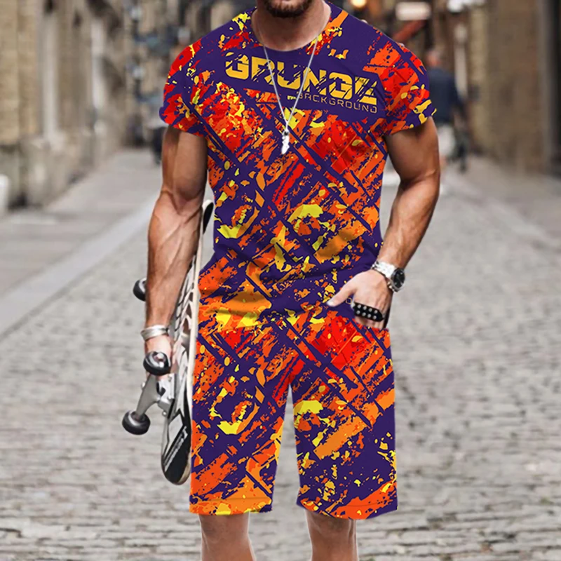 

Men's T-shirt Shorts Set Abstract Pattern 3D Print Breathable Short Sleeve Loose Tees Cool Harajuku Male Clothes Style Oversized