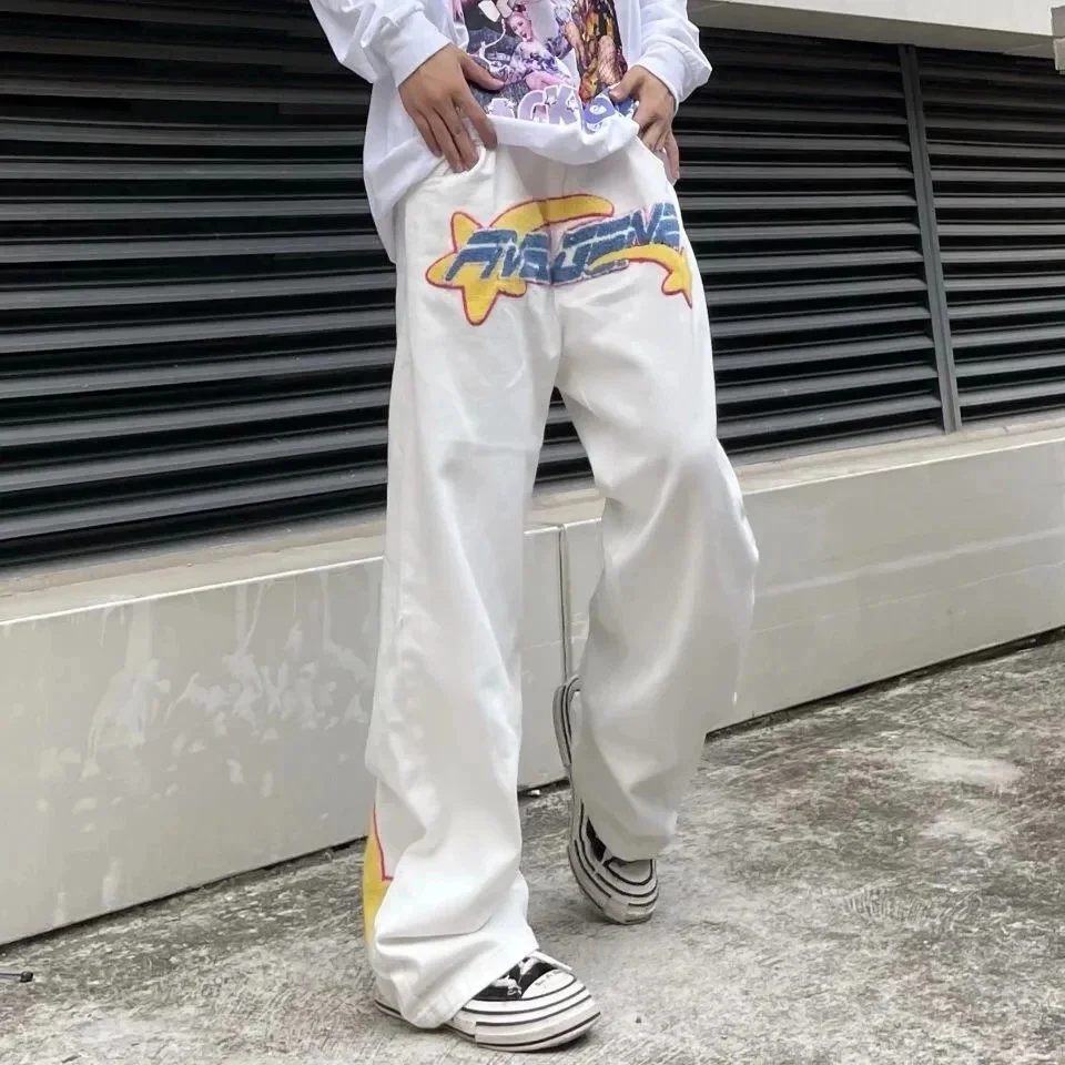 

Men's Jeans Y2K Retro Embroidered Denim Trousers High Street Wide Leg Pants Street Loose Casual Jeans Letter Patch Pants Men