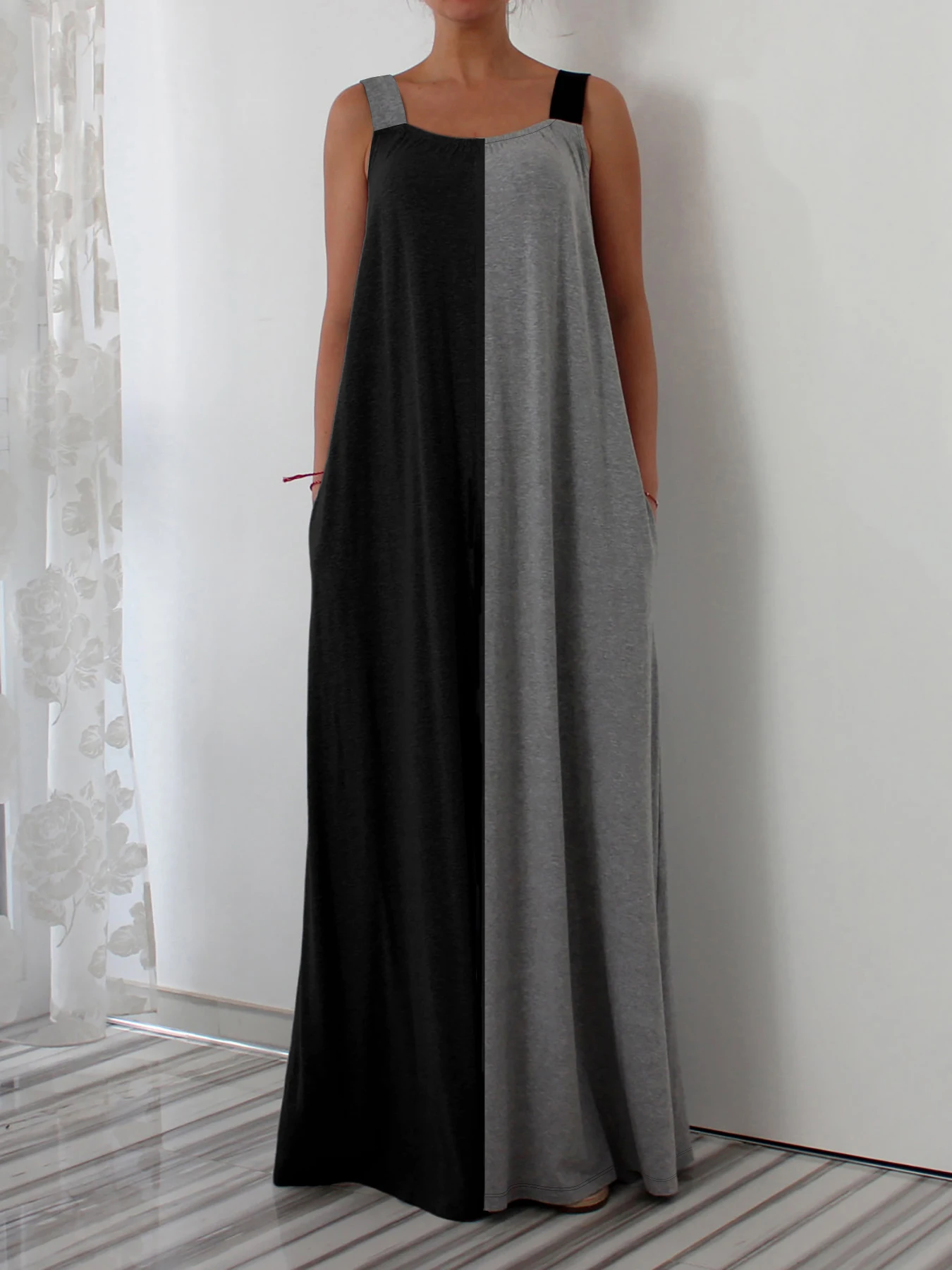 Women's Colorblock Straight Loose Dress Fashion Square Neck Pocket Strap Long Dress Holiday Sleeveless Ankle-Length Slip Dress 4