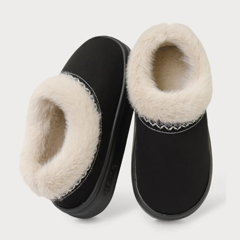 National Style Embroidery Fluffy Cotton Slippers Women Thick Sole Non Slip Faux Fur Slides Woman Short Plush Snow Boots Female