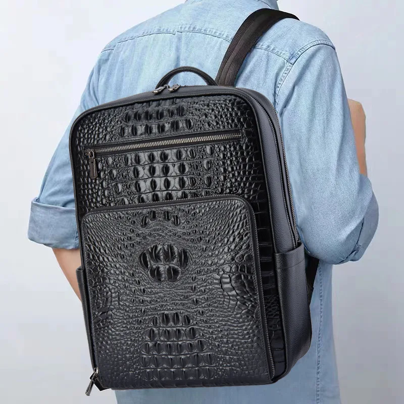Business Men Backpack Crocodile Pattern Men's Bag Genuine Leather Schoolbag Large Luxury Brand 15.6 inch Laptop Travel Backpack 6