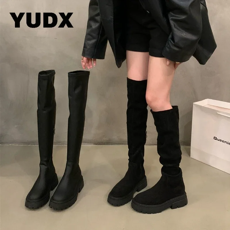 

Women Over The Knee Boots Flock Round Toe Platform Thick Heels Zip Long Thigh High Boots Woman Fashion Motorcycle Punk Shoes