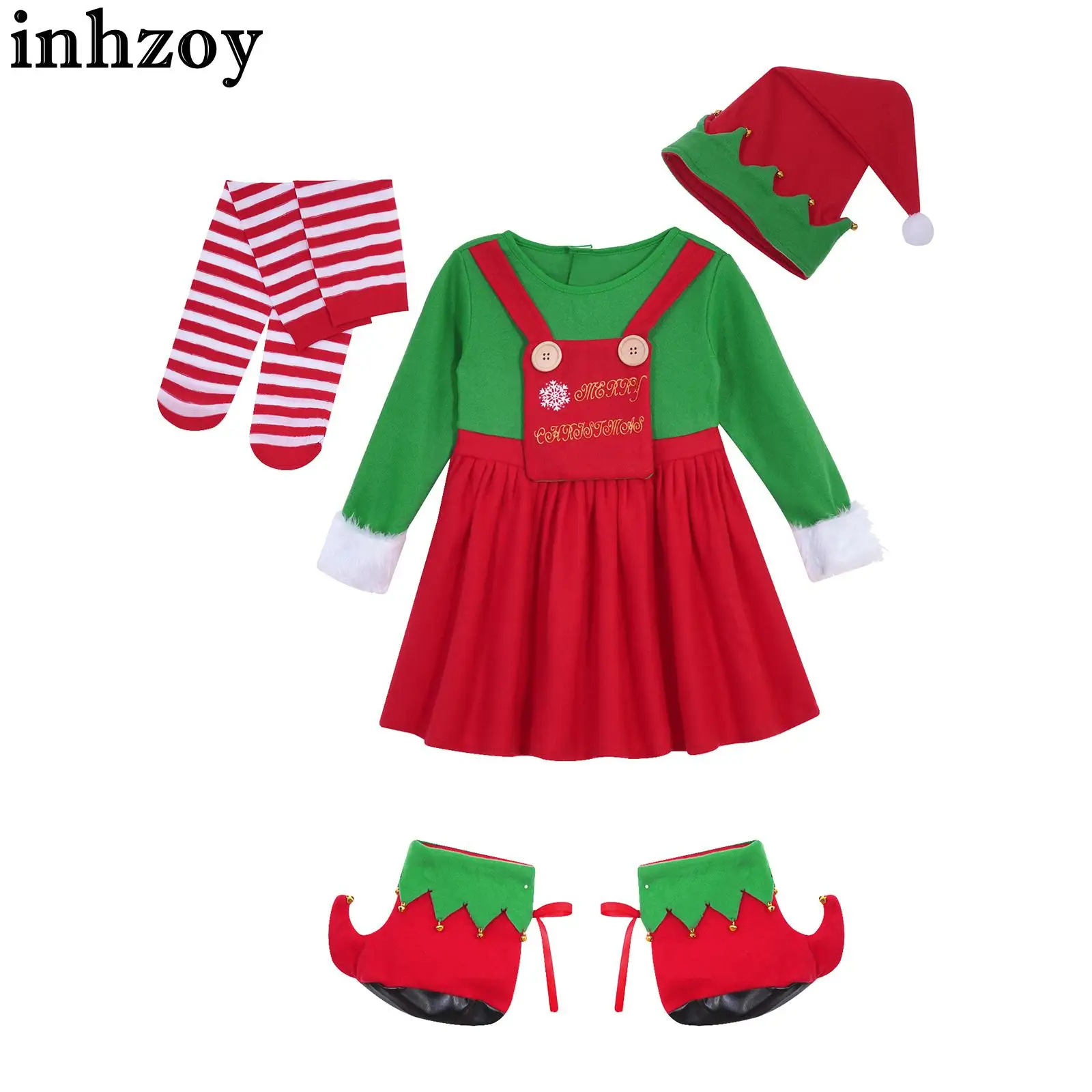 

Kids Girls Santa Claus Christmas Elf Costume Xmas Halloween Carnival Party Cosplay Dress with Hat Shoe Cover Striped Stockings