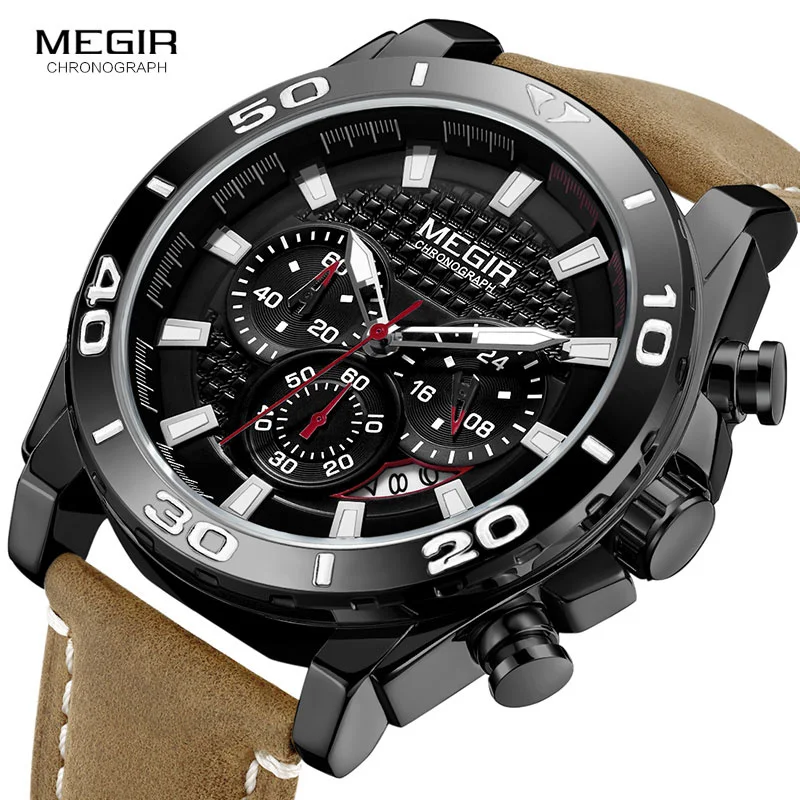 

MEGIR Men's Leather Strap Army Sports Quartz Watches Waterproof Luminous Chronograph Wristwatch Man Relogios Clock 2094 Black