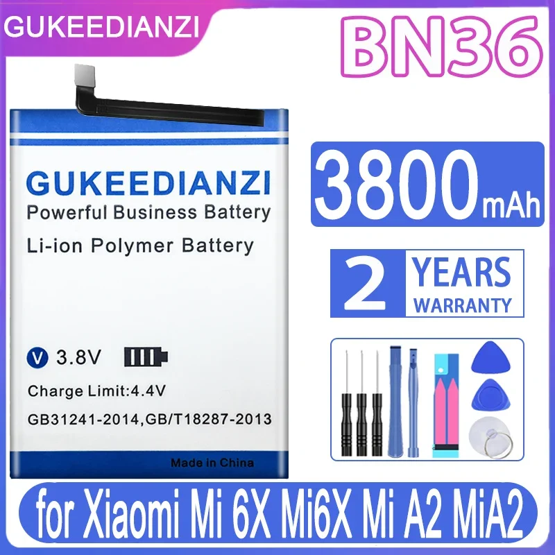 

GUKEEDIANZI for Xiao Mi BN36 BN 36 3800mAh Battery For Xiaomi Mi 6X Mi6X Mi A2 MiA2 High Quality Phone Replacement + Tools