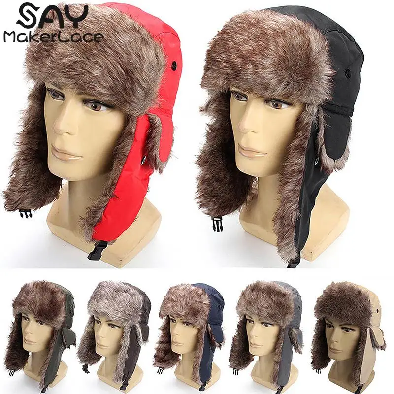 

Unisex Winter Warm Beanie Black Earflap Hats Solid Russian Thermal Bomber Cap Men Trapper Aviator Trooper Thicker Flaps Ski Hat