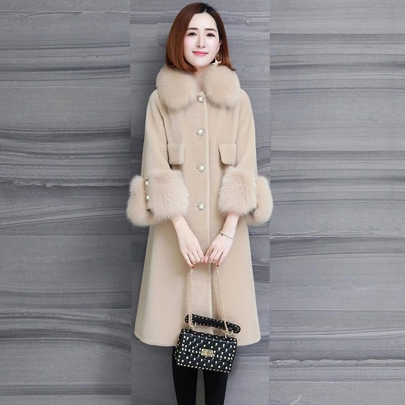 

2023 Autumn Winter New Polo Collar Long Sleeve Solid Color Fleece Imitation Lamb Wool Women's Mid Length Mixed Fur Coat