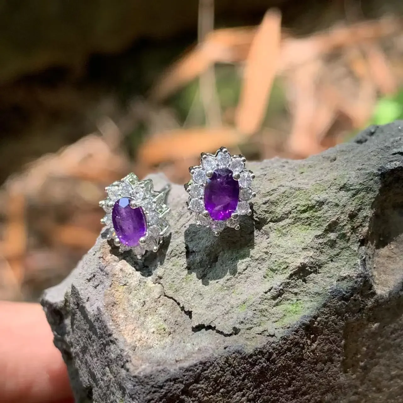 Genuine Natural Amethyst 925 Sterling Silver Stud Earrings for women Jewelry Gift  1.4ct Ocean Blue Topaz Oval Pave CZ